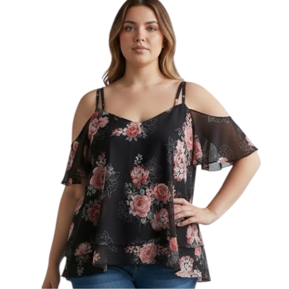 Torrid size 1 (1X-14/16) Black Romantic Floral Flutter Sleeve Chiffon Blouse